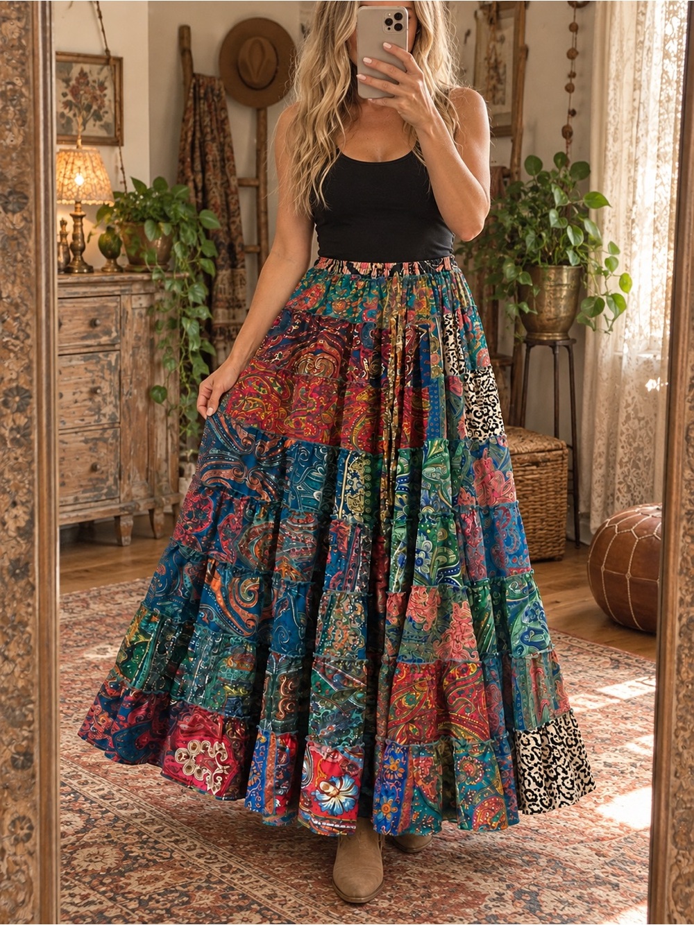 Boho Patchwork Maxi Skirt - Multicolor